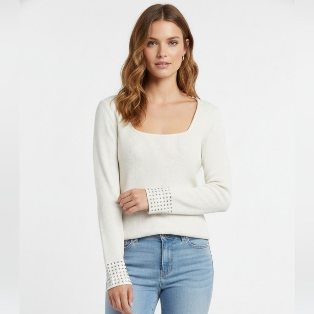 WHBM Sweater White Studded Pullover Casual Party Retro Bodycon L